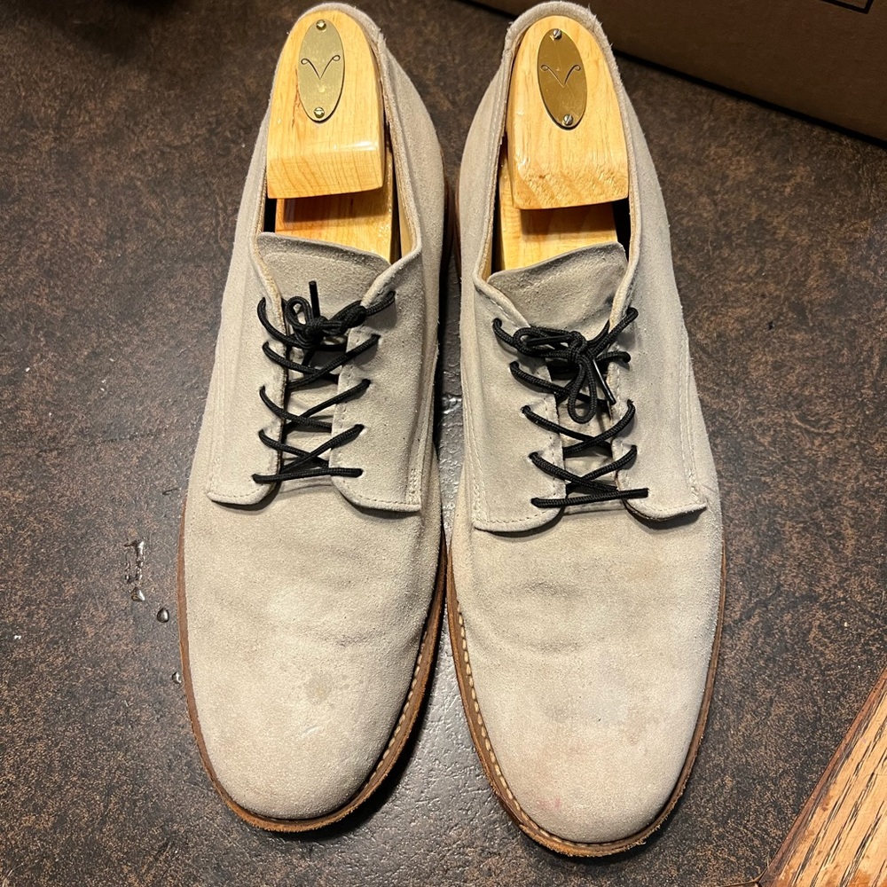 Gray /Off White red soled oxfords. Bass brand?